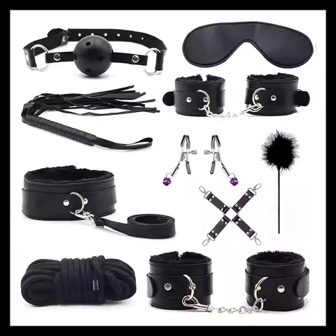11pcs Plush Leather Handcuff BDSM Sexual Collar Blindfold Set Couple Clamps Harness Sadomasochism Bl
