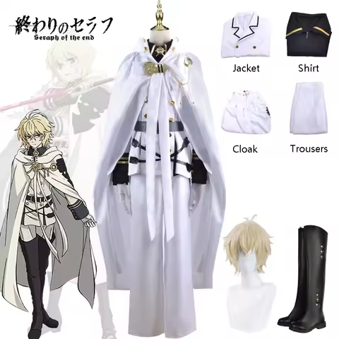 Seraph Of The End Mikaela Hyakuya Cosplay Costume Anime White Cloak Suit Uniform with Wig Shoes Full