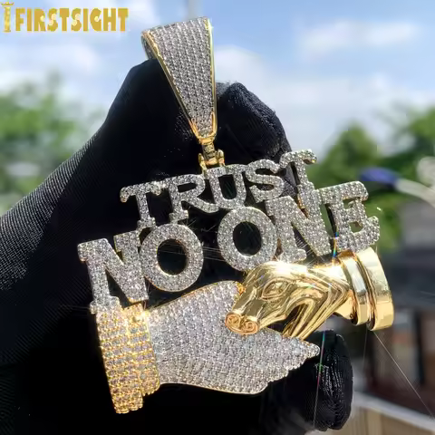 New Iced Out Bling Letters Trust No One Pendant Necklaces Two Tone Color CZ Zircon Shake Hand Charm 