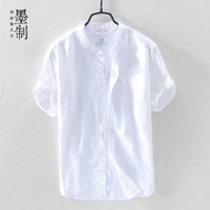 Asian Shirt Men Short-Sleeved Stand-Up Collar Thin Loose Cotton White Shirt Men's Fresh Casual Inch 