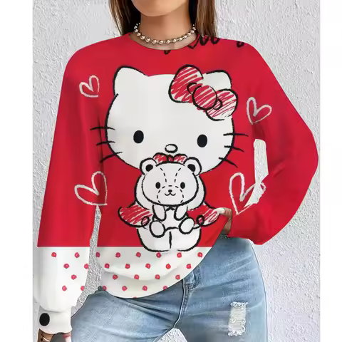 Hello Kitty printed women's pullover, autumn hip-hop sportswear, loose fitting clothing, Y2K round n