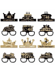 12入組18/21/30/40/50/60/70周年金色和黑色生日主題紙杯和帽子套裝,適用於生日派對裝飾和攝影道具
