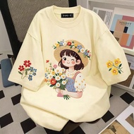 Top.street [COD] Round Neck T-Shirt oversize Cotton1 Short Sleeves Printed With 'Girl HUA' Pattern F