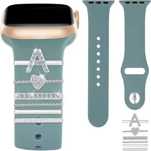 A-Z Letter Silver Watch Band Ornament Silicone Strap Decoration Ring Jewelry Accessory for Apple Wat