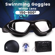 Swimming Goggles With Power Mens Mirror Lens Optional degree Large Frame Anti-Fog Goggle Cap Suit
