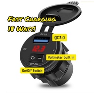 QC 3.0 Motorcycle Boat Car USB Charger Socket LED Voltmeter With ON/OFF Switch Fast Charging 18W 12V