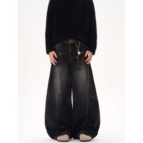American Retro Vintage High Street Lazy Loose Feelings Jeans Men's Handsome High Waist Wide Leg Jean