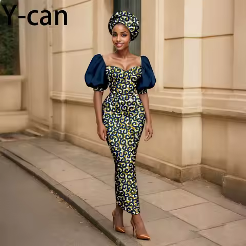 Ankara Fashion Puff Sleeve Women Slim Fit Dress Patchwork dashiki ankara Print Vestidos With Headsca