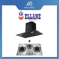 ELLANE EH-2690 90CM BLACK DESIGNER CHIMNEY HOOD + ELLANE EB-338SV 76CM 3 BURNER STAINLESS STEEL GAS 