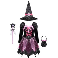 👕Halloween Cosplay🎀 4 Pieces Witch Clothing Set Dress+Hat+Wand+Bag Girls Halloween Wizard Costume 20