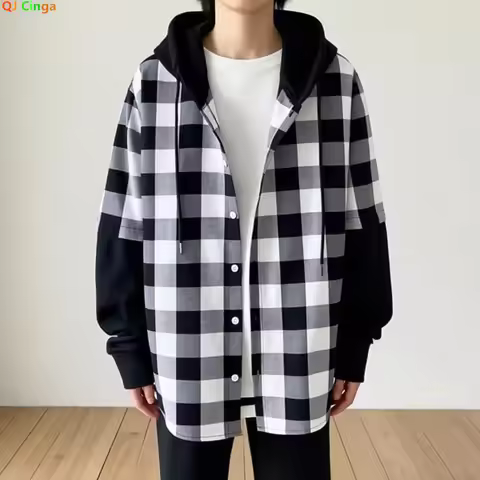 Men's Black Long Sleeve Hooded Shirts, White Single Breasted Plaid Shirt, European Size S-XXL, 2026