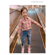 Baju baby girls T-skirt 2026 Kids Shirt Girl Pink Blouse Korean Style Plaid Blouse Cotton Long Slee 