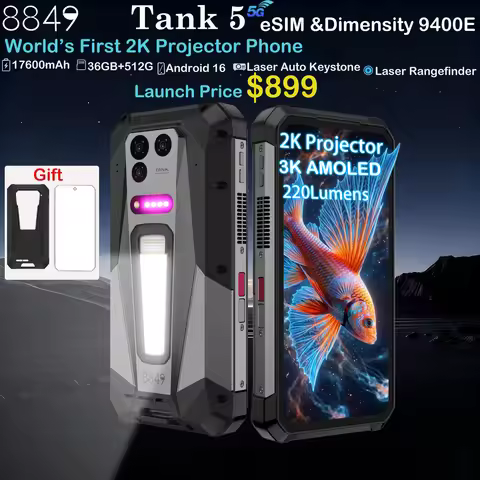 8849 TANK 5 Unihertz 2K Projector Rugged Smartphone eSIM AI Dimensity 9400e 3K AMOLED 17600mAh 220Lu
