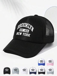 1件不分男女適用的 '布魯克林' 字母印花網眼棒球帽,防曬,頭圍可調節,適用於春夏戶外日常穿著,是爸爸和貨車司機的時尚多用途帽