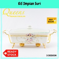 Queens Premium Porcelain (3L/4.5L) Single Casserole with Gold Metal Rack Food Warmer Buffet Set