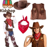 【Ready Stock】Western Cowboy Cowgirl Costume Set Vintage Hat Scarf Prop Kids Adults Wild Rodeo Party 