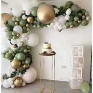 One Hundred Twenty-Nine Piece Eucalyptus Green White Gold Balloon Garland Set With Metallic Accents