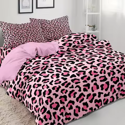3Pcs Pink Leopard Print Duvet Cover Set Soft Microfiber Bed Sheet Set Zipper Bedding Cover No Filler