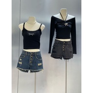 ZOUYAN GOLD BUTTON RIPPED HOTPANTS-HP-4976