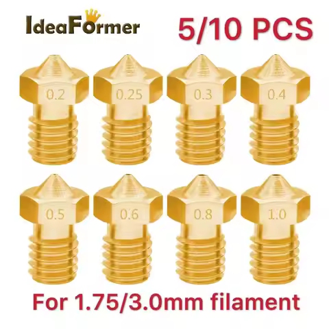 5/10pcs 3D Printer V6 M6 Threaded Brass Nozzle 0.2/ 0.3/0.4/0.5/0.6/1.0mm for 1.75mm Filament E3D V5