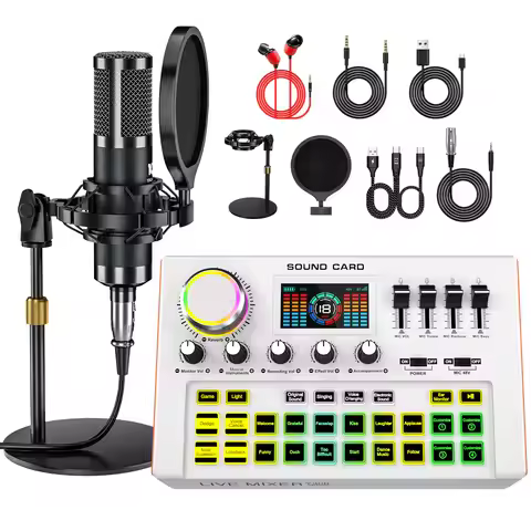 Tenlamp Y300-P15B Podcast Equipment Bundle for 4, Pro Studio Sound Card Mixer with 3.5mm Condenser M
