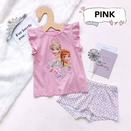 💗READY STOCK 💗 2-7 Years Quality cotton Frozen Elsa Kids Girl Short Sleeve Pants T-Shirt-PINK/90 (1-