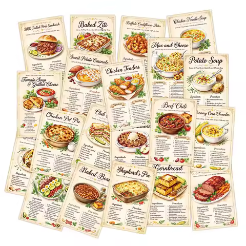 20pcs Vintage Food Recipe Cards&Postcards For Kitchen Wall Decor,Junk Journaling,Home Cafe Decoratio
