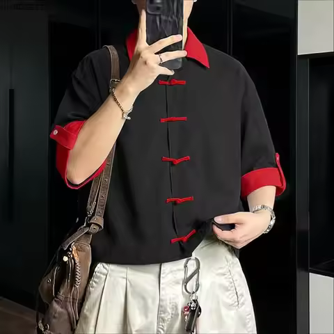 INCERUN Men's Shirt Patchwork Lapel Half Sleeve Button Men Clothes Vintage Summer Streetwear 2026 Ca