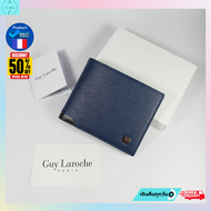 Guy Laroche กระเป๋าสตางค์ผู้ชายพับสั้น มีลิ้นกลาง สีกรมท่า หนังลาย ขอบหนังเรียบสีดำ โลโก้ GL  ดำ  กร