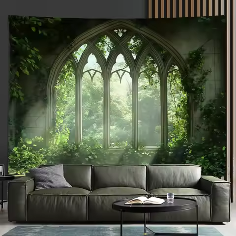 Gothic Window Landscape Tapestries Wall Hanging-Lush Green Mural Polyester Living Room Bedroom Decor