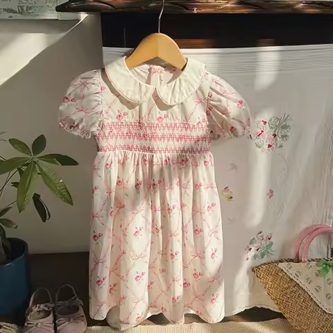 2026 New Summer Kids Princess Dresses Short Sleeved Cotton Print 2-7Yrs Baby Girl Birthday Party Dre