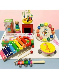 6入組嬰兒音樂器樂禮盒,木質蒙特梭利珠子迷宮過山車鈴鐘鐵琴玩具,教育玩具套裝,幼稚園教學工具,節日禮物