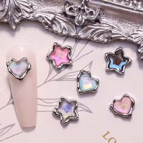 5PCS Luxury Alloy Love Heart Star Nail Art Rhinestone Charms Parts Jewelry Accessories Manicure Deco
