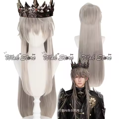 Love And Deepspace Xavier Cosplay Wig Long Flaxen Gray Hair King of Darknight King Crown Carnival Ha