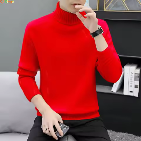 Bright Red Men's Pullover Sweaters, Winter Computer Knitted Turtleneck Sweater, White Black Male Pul