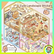 3D Miniature Scenes Sticker DIY Cartoon Clothing Stores Panda House Landscape Building PET Waterproo