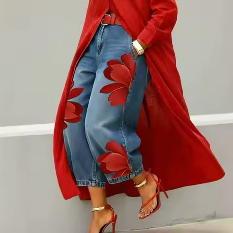 Fashion Imitation Denim Printed Loose Jeans Women's Spring Summer Casual Versatile Holiday Wide-leg
