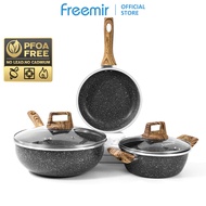 freemir Set 5 Pcs Wajan Panci Granit 26/20/20 Cm dan Tutup Wajan Kaca Stainless Anti Lengket Tutup K