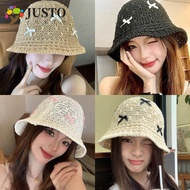 JUSTOMY Beach Straw Hat, Mini Bow Breathable Korean Bucket Hat, Fashion Weaving Cotton Panama Women 