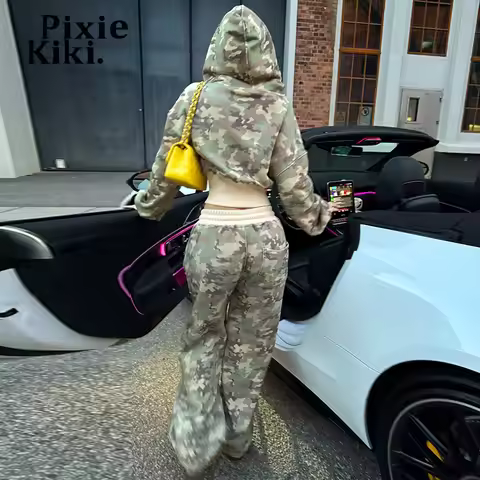 PixieKiki Two Piece Sets Camo Zip Up Hoodies and Sweatpants Fashion Tracksuit Women Y2k Street Wear 