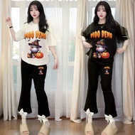 ชุดเซ็ท 2 ชิ้น เสื้อแขนสั้น + กางเกงขายาว แต่งโบว์ น้องหมูเด้งฟักทอง สุดน่ารัก