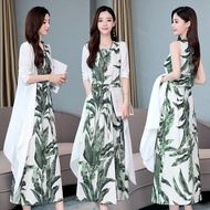 IEF SHOP Ready Stock JS Women's Clothing Medium - long print dress art cotton linen two - piece matc