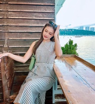 Spartan.bkk - Ella Dress in Smoke Green ลินินเดรส ลายริ้ว สีเขียวหม่น (สีใหม่)