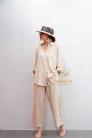 LLuv4 ชุดเซท ผ้าลินิน ญี่ปุ่น เสื้อเชิ้ต อก 46" หน้ายาว 24" หลังยาว 30 กางเกงขายาว เอว 28" ยืดถึง 42