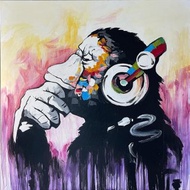 Abstract Monkey In Headphones Painting On Canvas Original Animal Handmade Art
