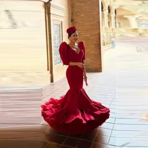 Ruffled Lush Women Dresses Mermaid Dancing Party Dress Puff Sleeves Tierred Custom Elegant Long Prom