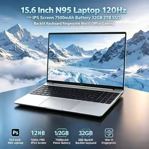 15.6" N95 Laptop 120Hz FHD IPS Screen 7500mAh Battery 32GB RAM 2TB SSD Backlit Keyboard Win11 Office