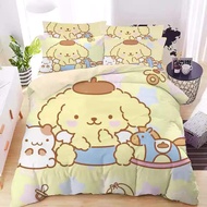 YT Sanrio Pompompurin 3IN1 Bed Sheet Quilt Cover Pillowcase Bedding Set Cartoon Bedroom Washable Sui