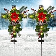 Doingart 2 Pack Outdoor Solar Lights Christmas Decorations, Cross Stake Lights with Faux Poinsettia Pine Cones Red Berries and Foliage for Garden Patio Grave