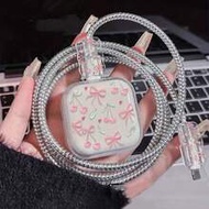 4pcs Pink Cherry Blossom Bow Charger Protector Case, Compatible With Apple 40W/17 Series Chargers